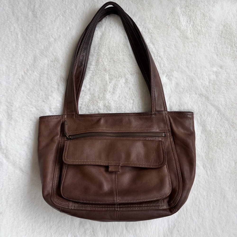 Vintage FOSSIL Brown Taupe Leather Small Tote Bag
